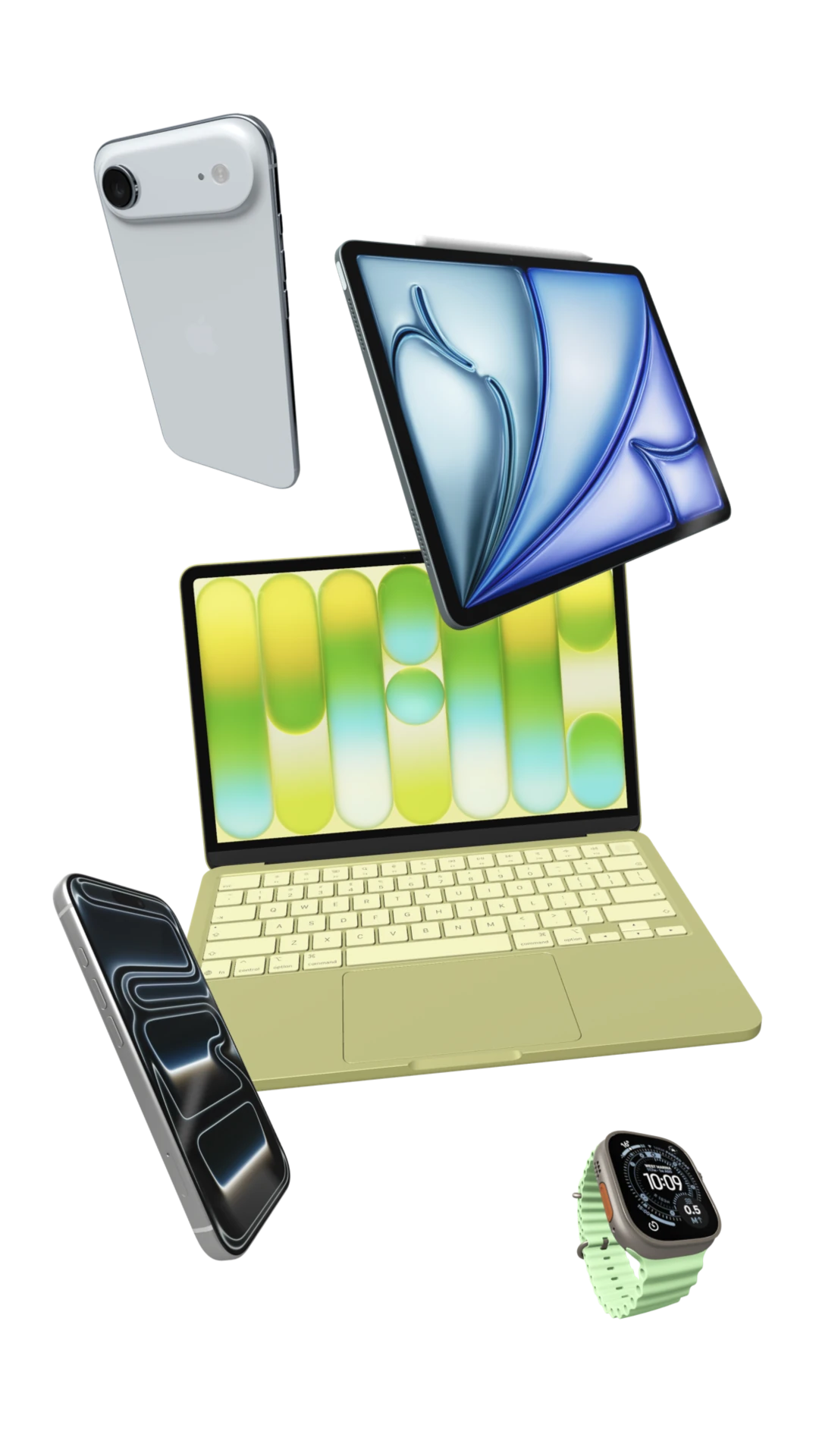 Realistic Apple device frames for iPhone, iPad, MacBook, and Apple Watch