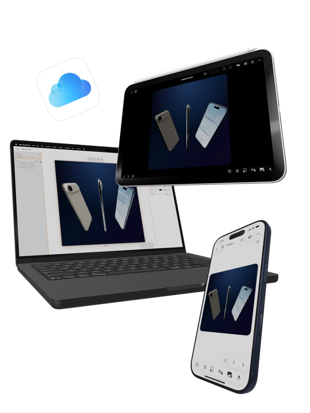 iCloud continuity across iPhone, iPad, and Mac in Bezel Studio
